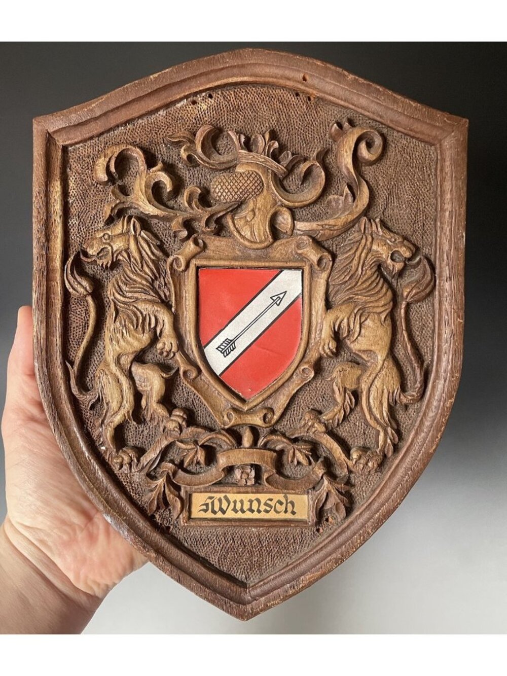 Vintage 20th C. Heraldic Crest Shield Armorial Wall Plaque Cast Composite 1970s
